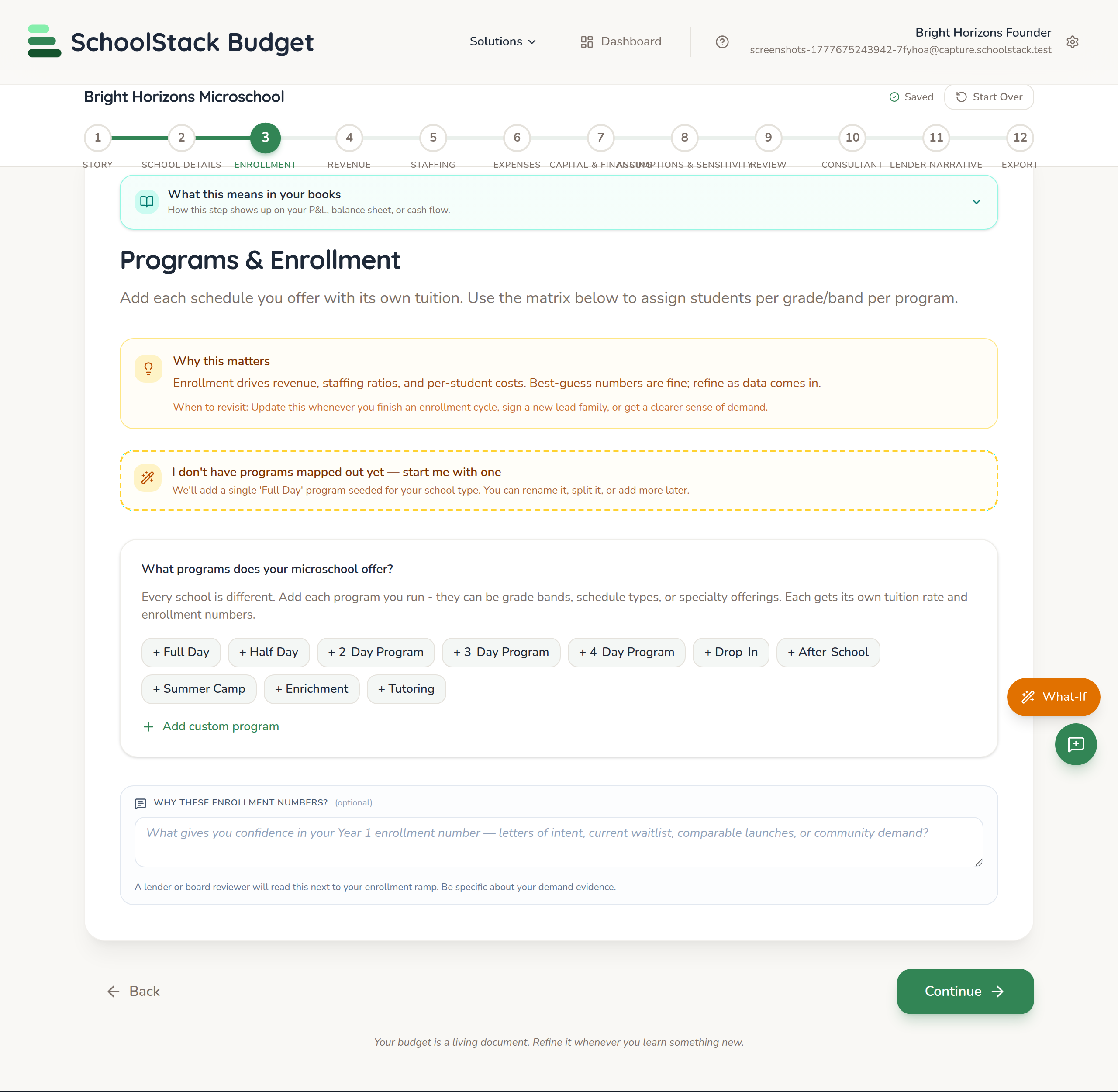 Wizard step for loan and facility assumptions - loan amount, rate, amortization, balloon, interest-only period.