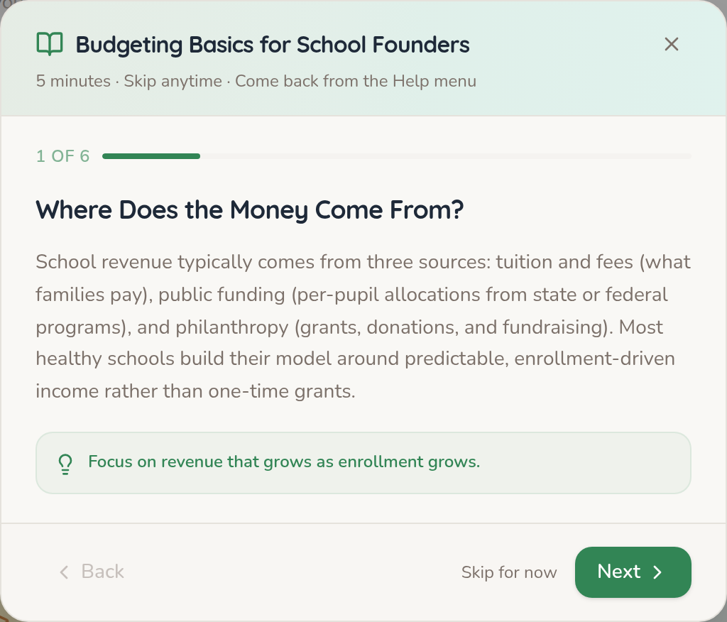 Budgeting Basics primer modal explaining the three financial statements every school uses.